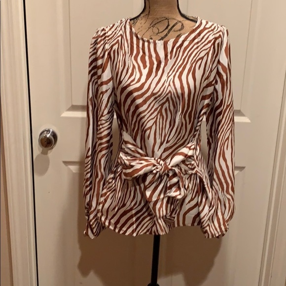 Silky cream and brown zebra print blouse - Picture 4 of 8